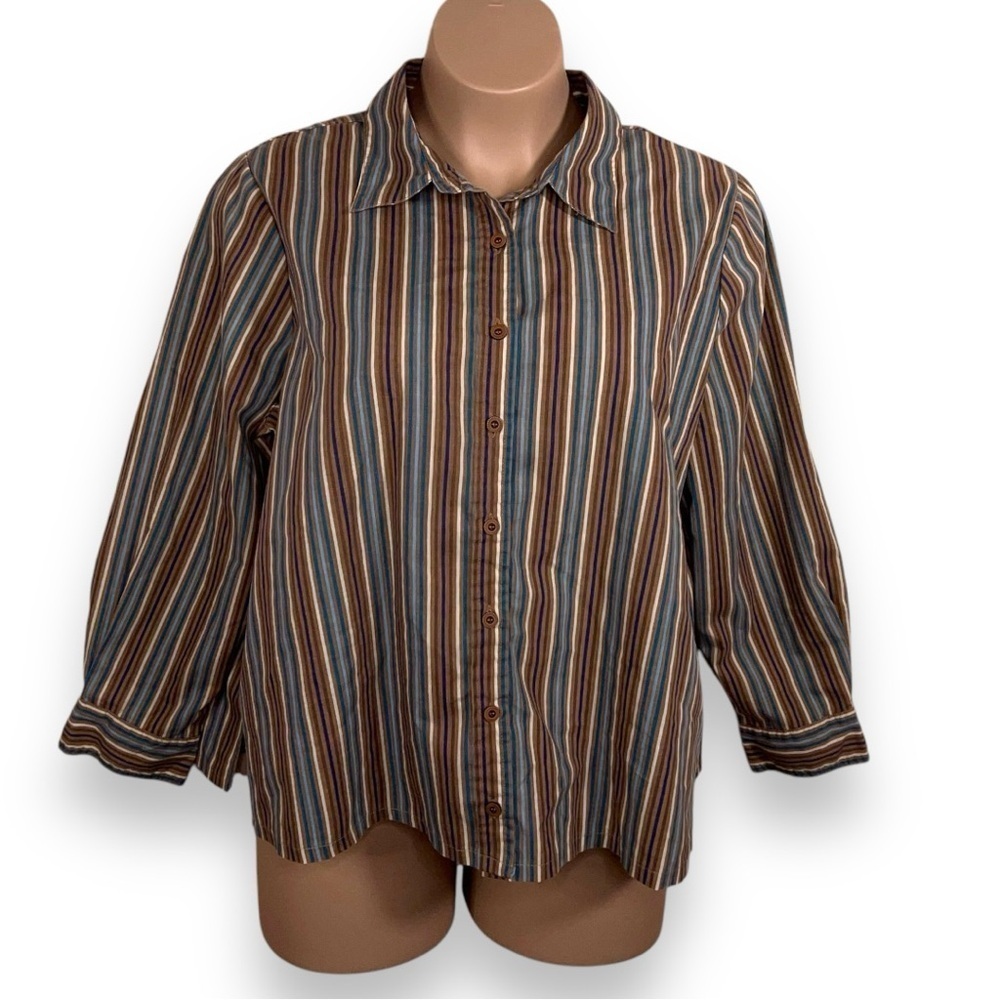 1x Vintage Roamans Brown Blue White Striped Button Front Top Plus